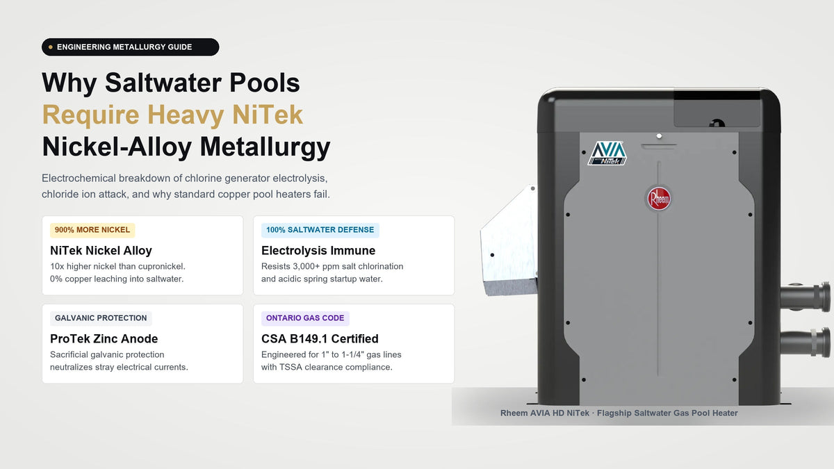 Engineering metallurgy breakdown of Rheem AVIA HD NiTek gas pool heater featuring heavy nickel-alloy heat exchanger for saltwater pools on studio background