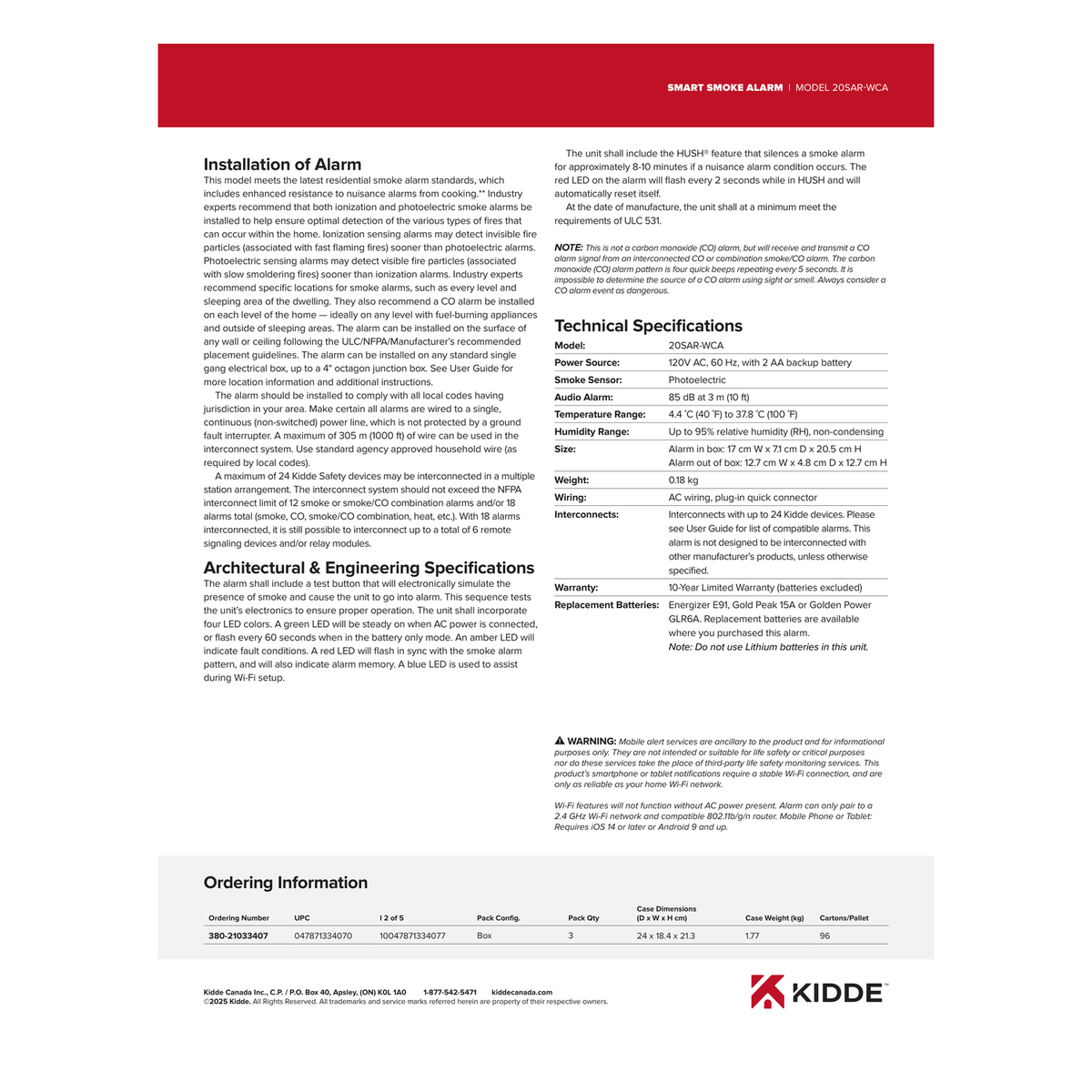 Kidde Smart Hardwired Smoke Alarm 20SAR-WCA electrical specifications and quick-connect wiring harness diagram