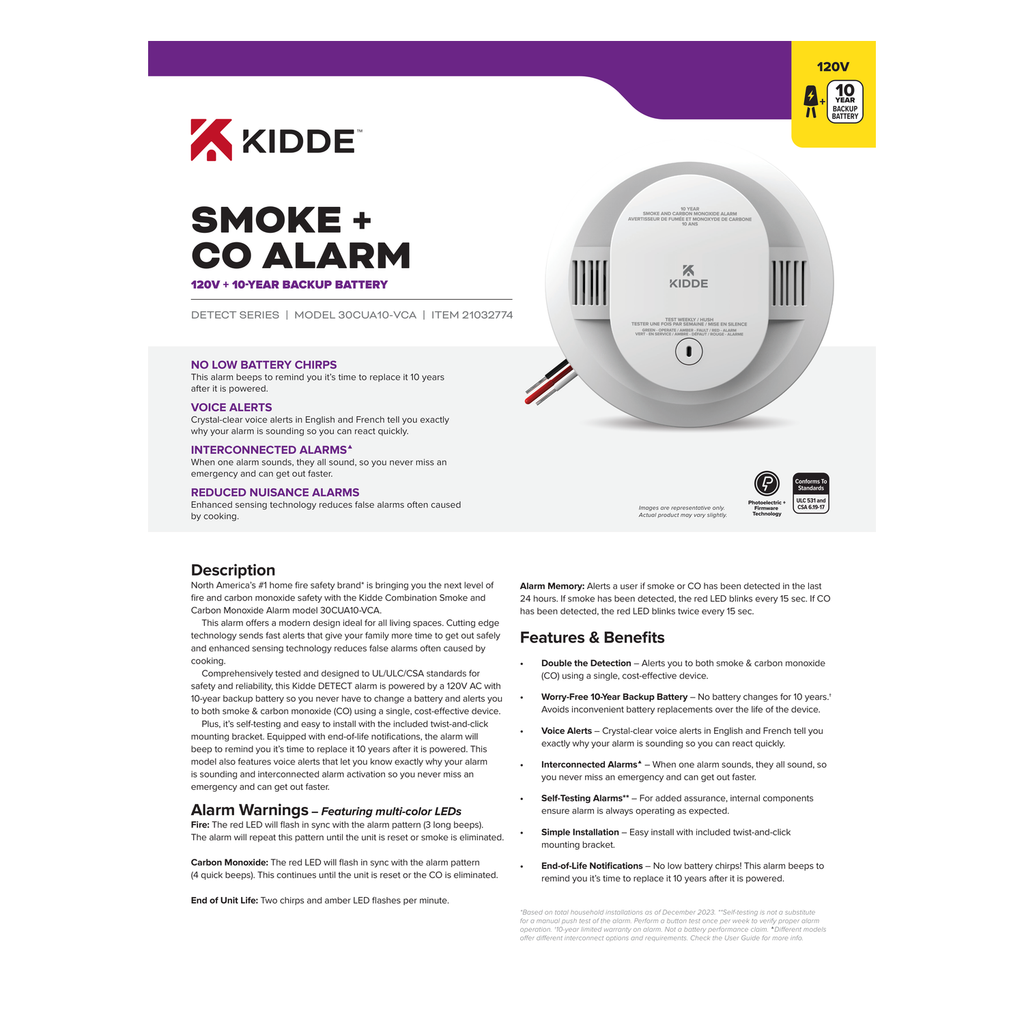 Kidde DETECT 30CUA10-VCA Hardwired Combination Smoke & CO Alarm official product data sheet