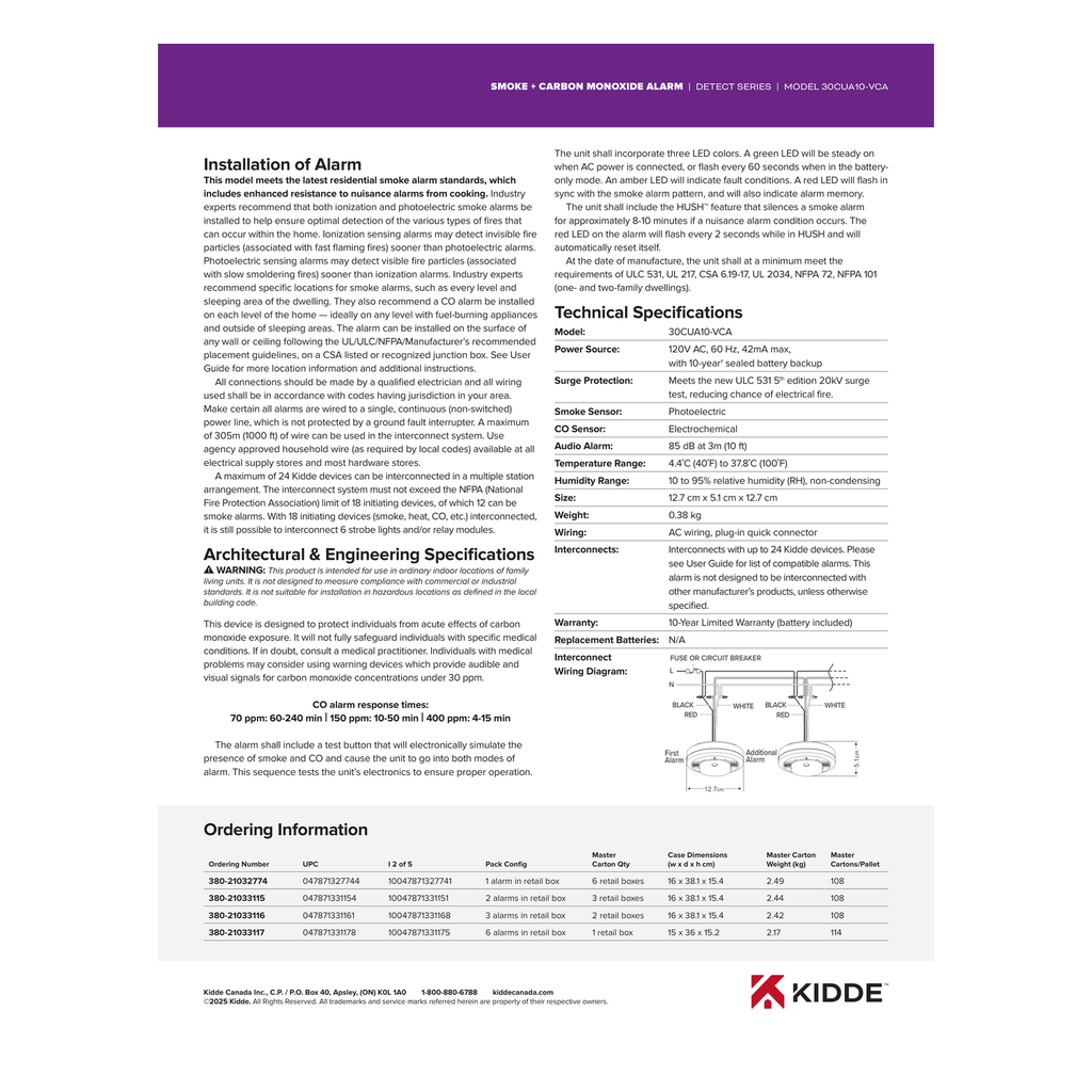 Kidde DETECT 30CUA10-VCA Hardwired Alarm electrical wiring specifications and interconnect diagram
