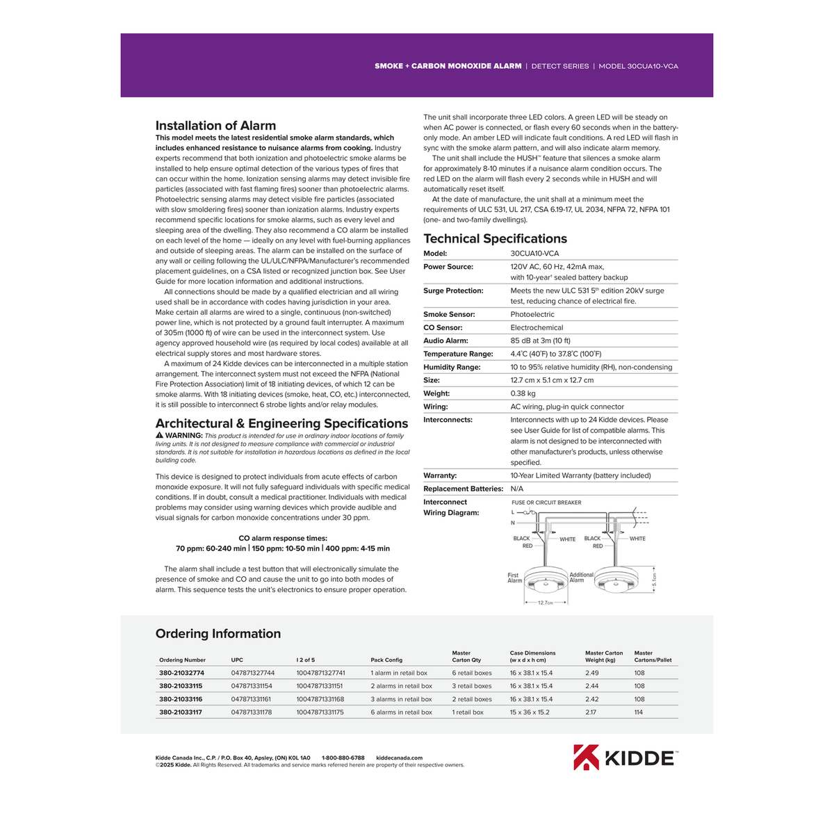 Kidde DETECT 30CUA10-VCA Hardwired Alarm electrical wiring specifications and interconnect diagram