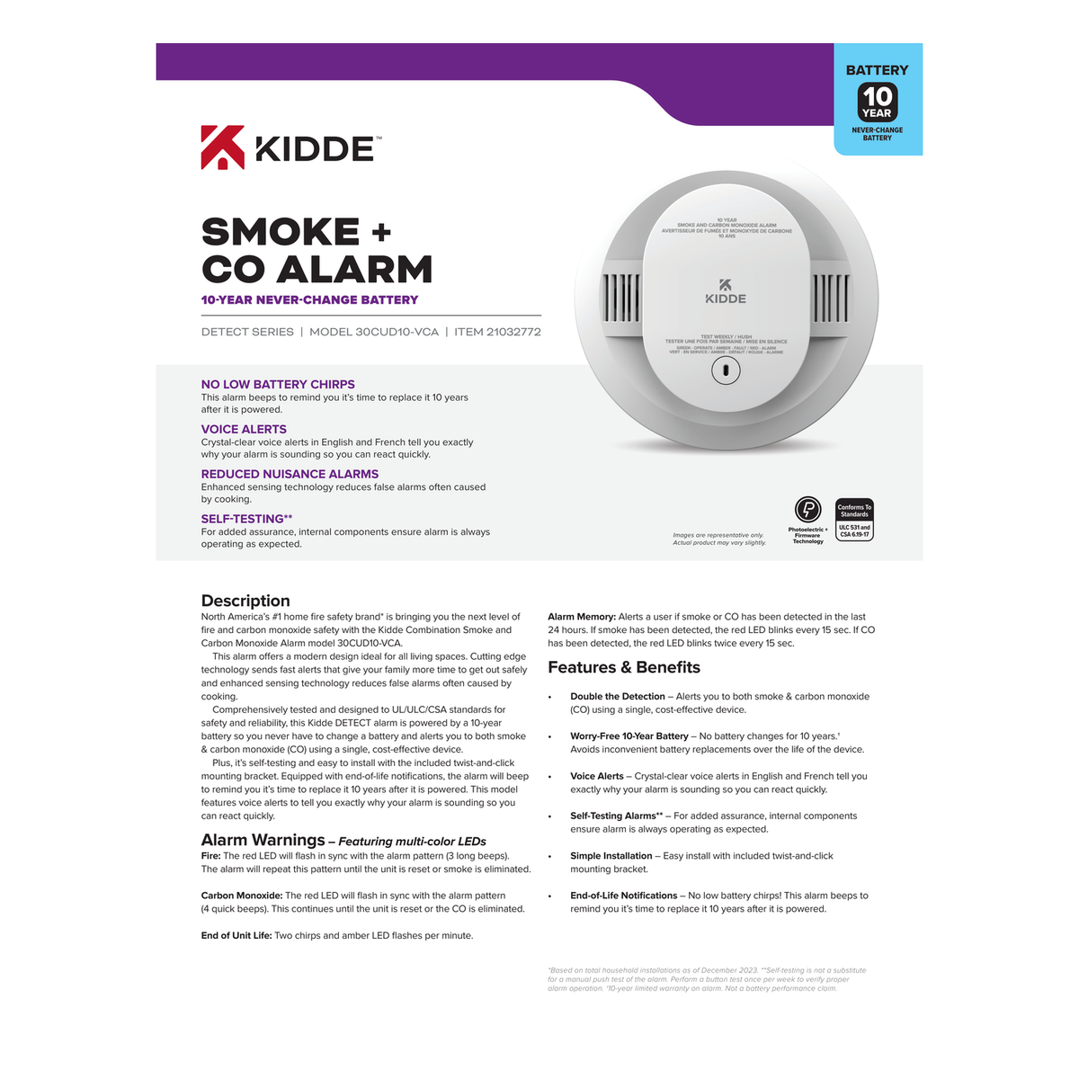 Kidde DETECT 30CUD10-VCA 10-Year Battery Smoke & CO Alarm official product data sheet