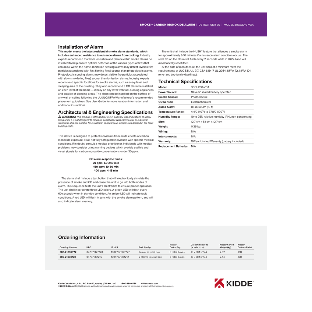 Kidde DETECT 30CUD10-VCA 10-Year Alarm engineering specifications and technical dimensions