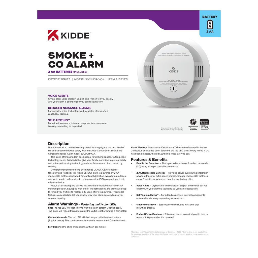 Kidde DETECT 30CUDR-VCA Combination Smoke & CO Alarm official product data sheet and features