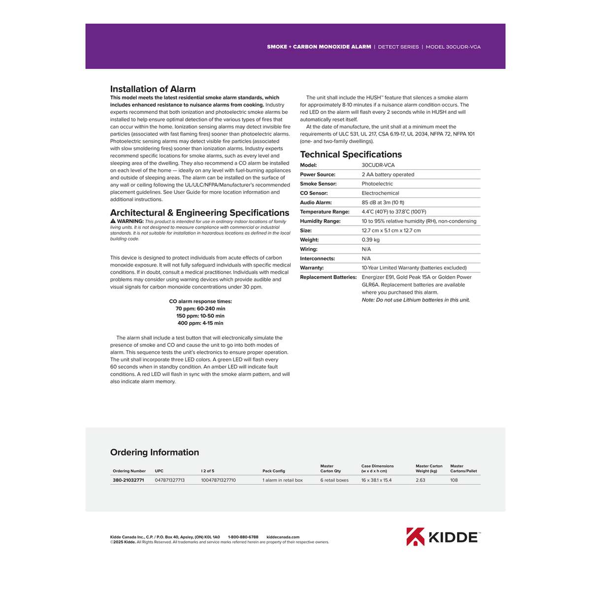 Kidde DETECT 30CUDR-VCA Combination Alarm engineering specifications and mounting bracket diagram