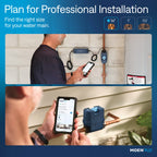 Moen Flo Smart Water Shutoff installed on residential main water supply line with brass union fittings