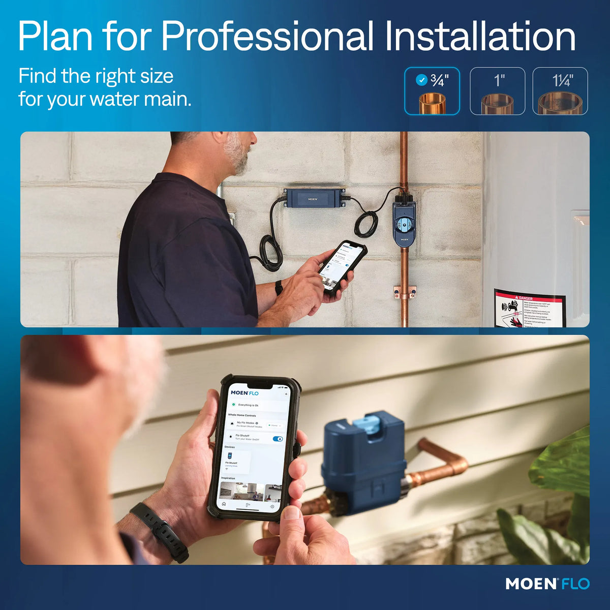 Moen Flo Smart Water Shutoff installed on residential main water supply line with brass union fittings