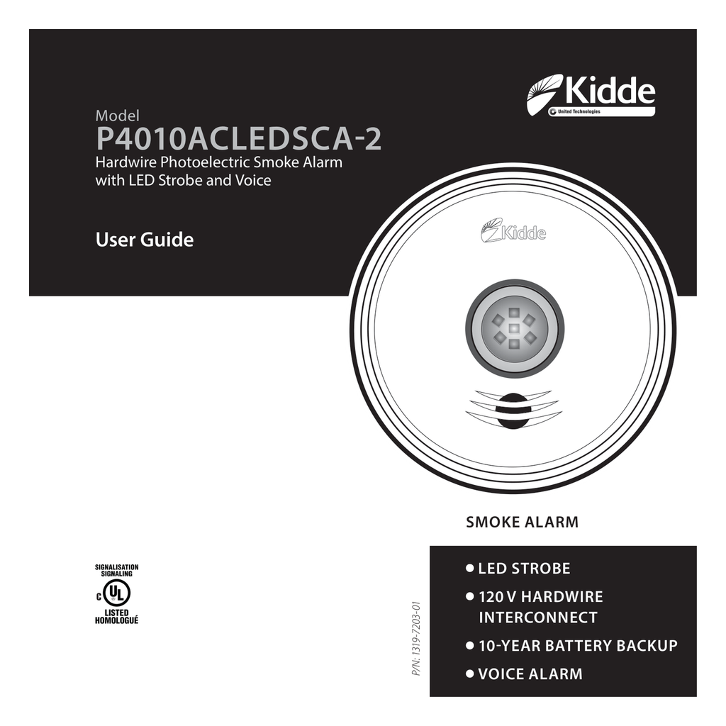 Kidde 120V 2-in-1 LED Strobe and 10-Year Talking Smoke Alarm user guide and wiring specification