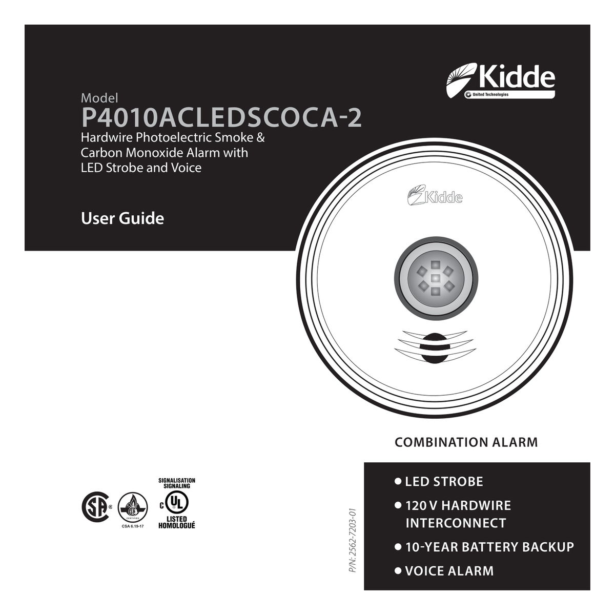 Kidde 120V 3-in-1 LED Strobe and 10-Year Talking Smoke & CO Alarm user guide and wiring specification