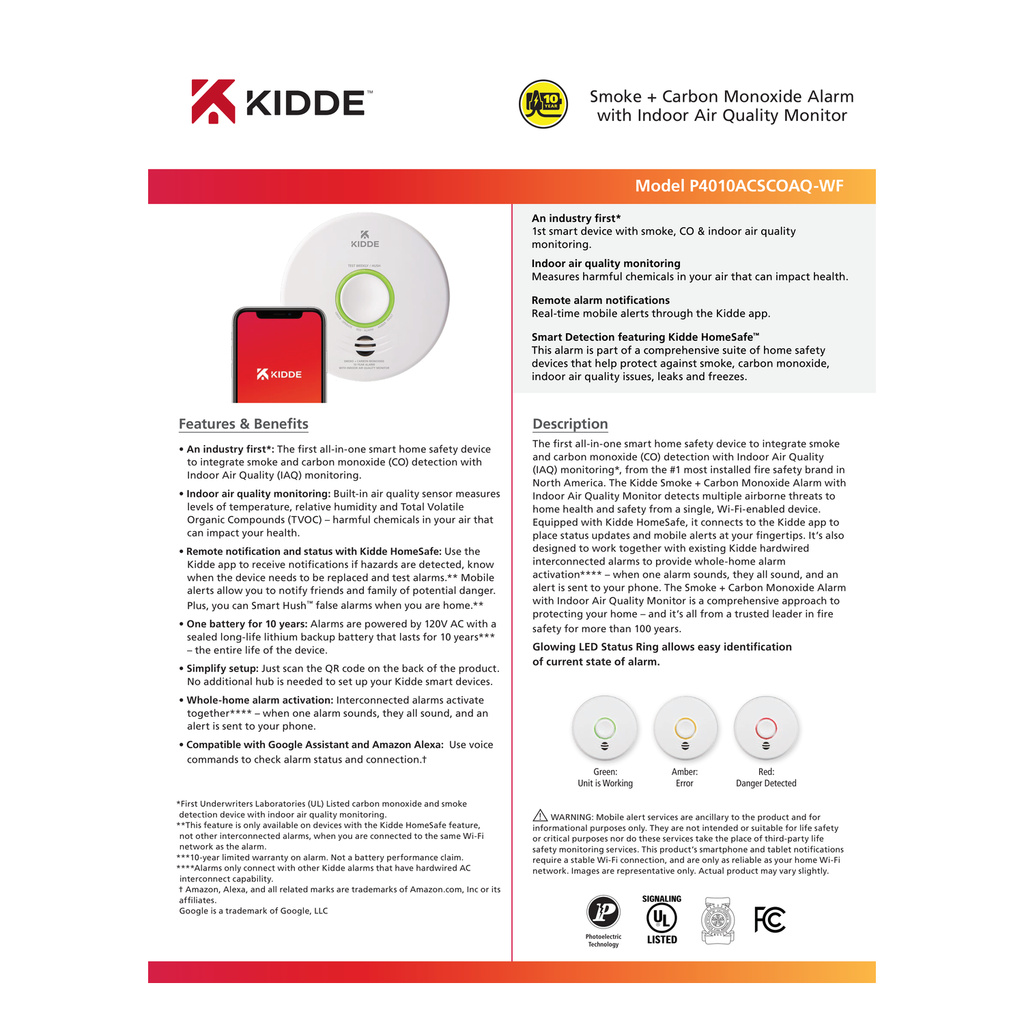 Kidde Smart Smoke & CO Alarm with Air Quality Monitor official product data sheet