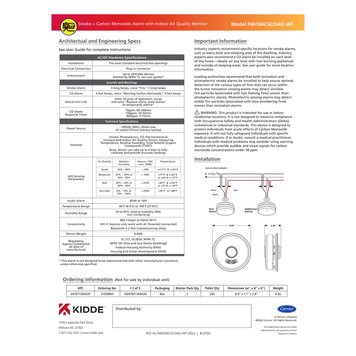 Kidde Smart Smoke & CO Alarm with Air Quality Monitor engineering specifications and app connectivity overview