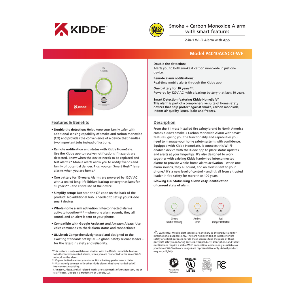 Kidde Smart Combination Smoke & CO Alarm Wi-Fi official product data sheet