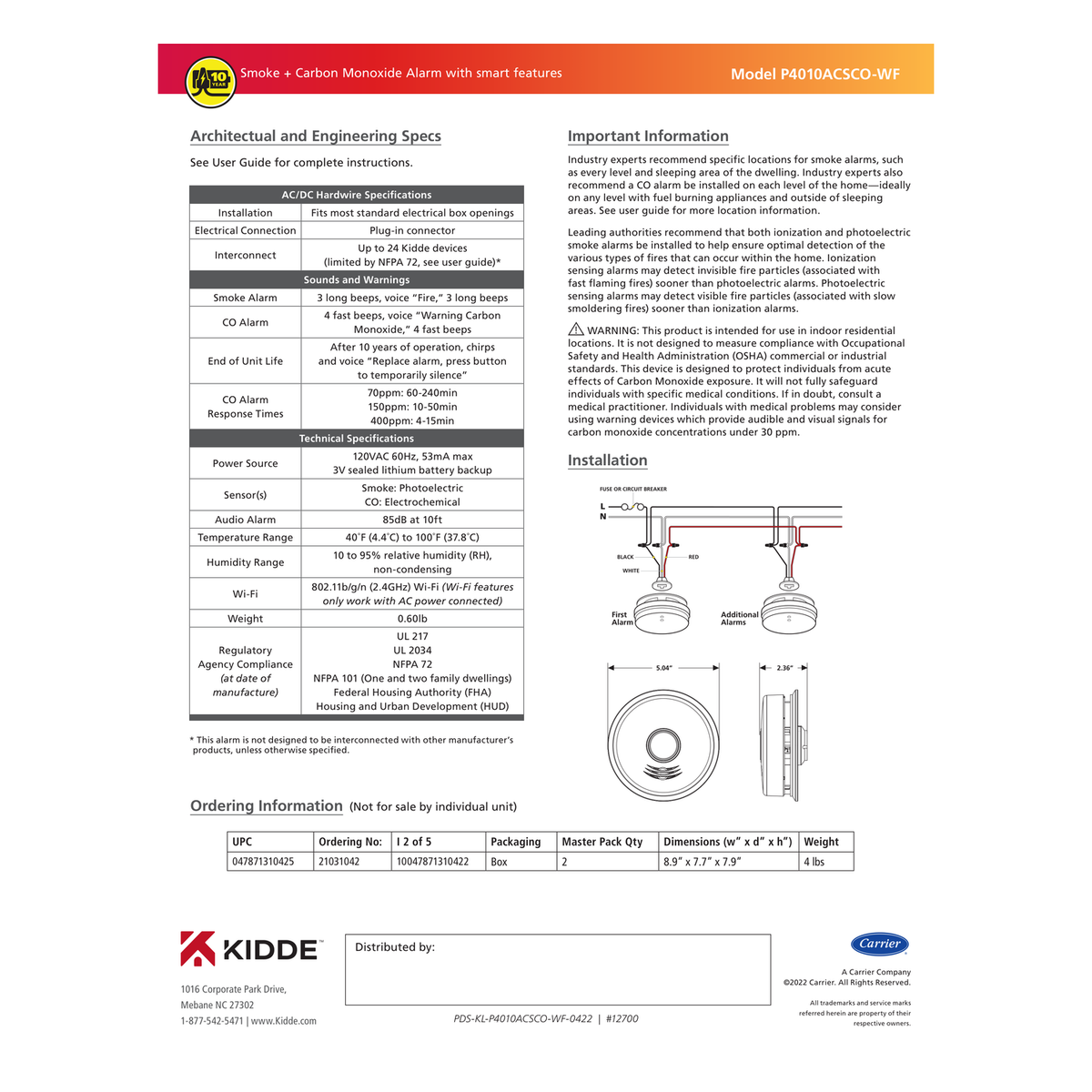 Kidde Smart Combination Smoke & CO Alarm Wi-Fi engineering specifications and mounting schematic