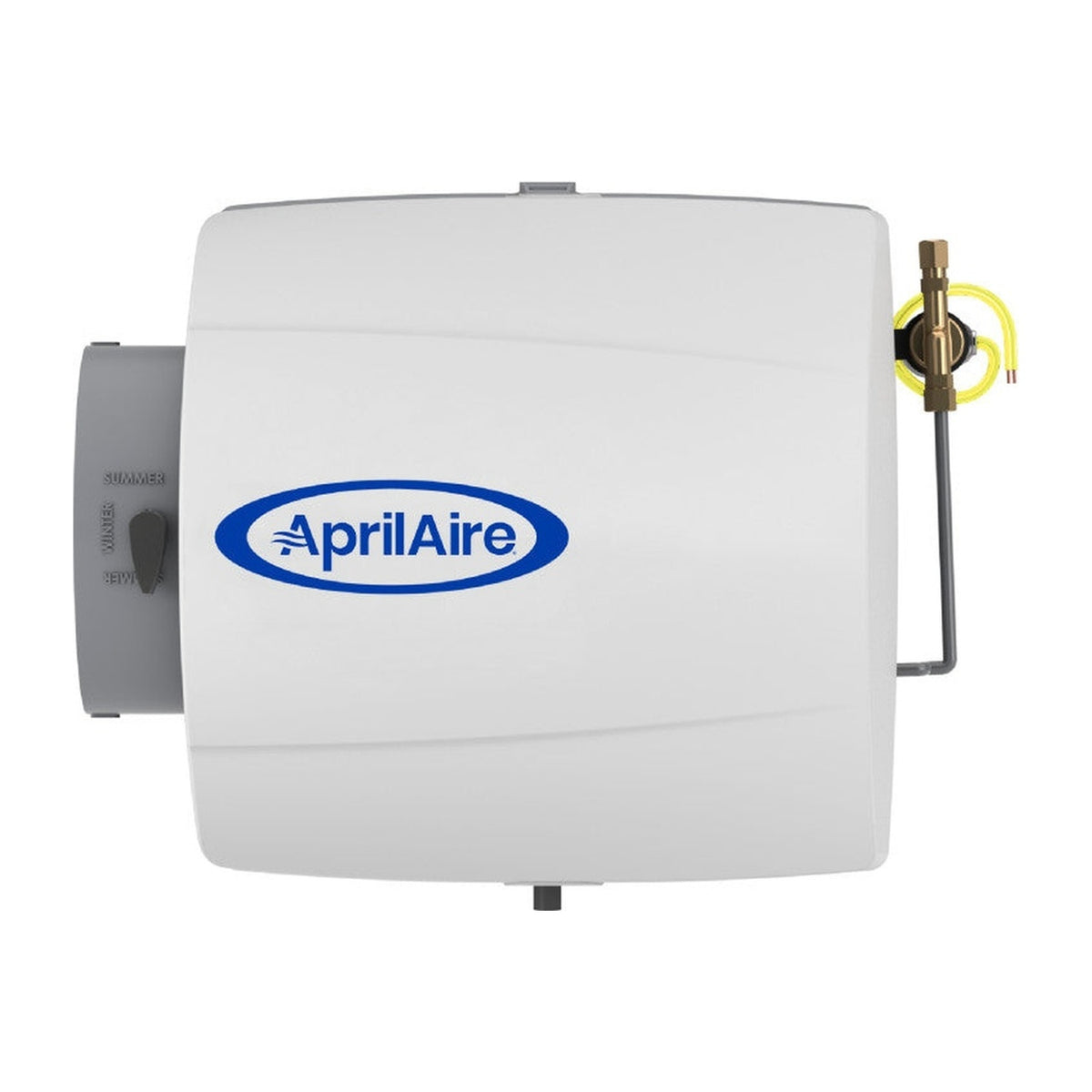 AprilAire 500 side profile showing solenoid valve and water supply connections