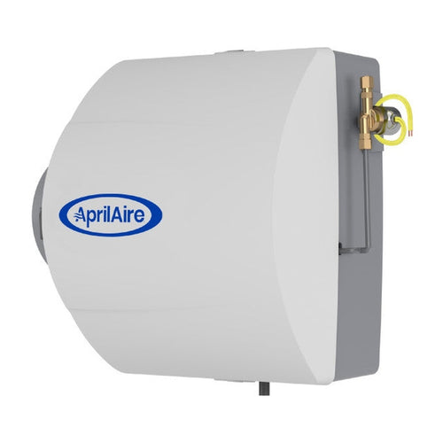 AprilAire 600 right profile view showing brass solenoid valve and water feed line assembly