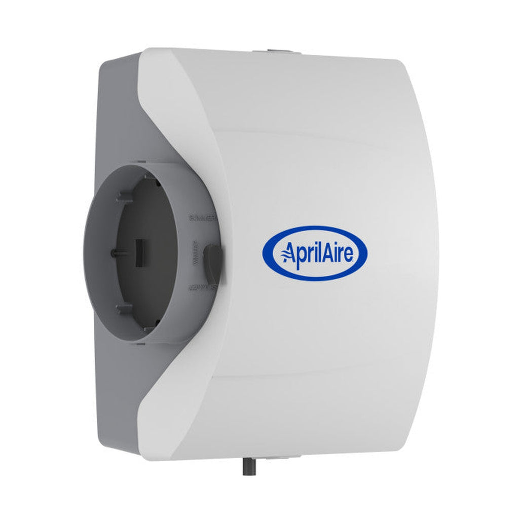 AprilAire 600 3/4 perspective angle view showing built-in bypass damper and duct collar