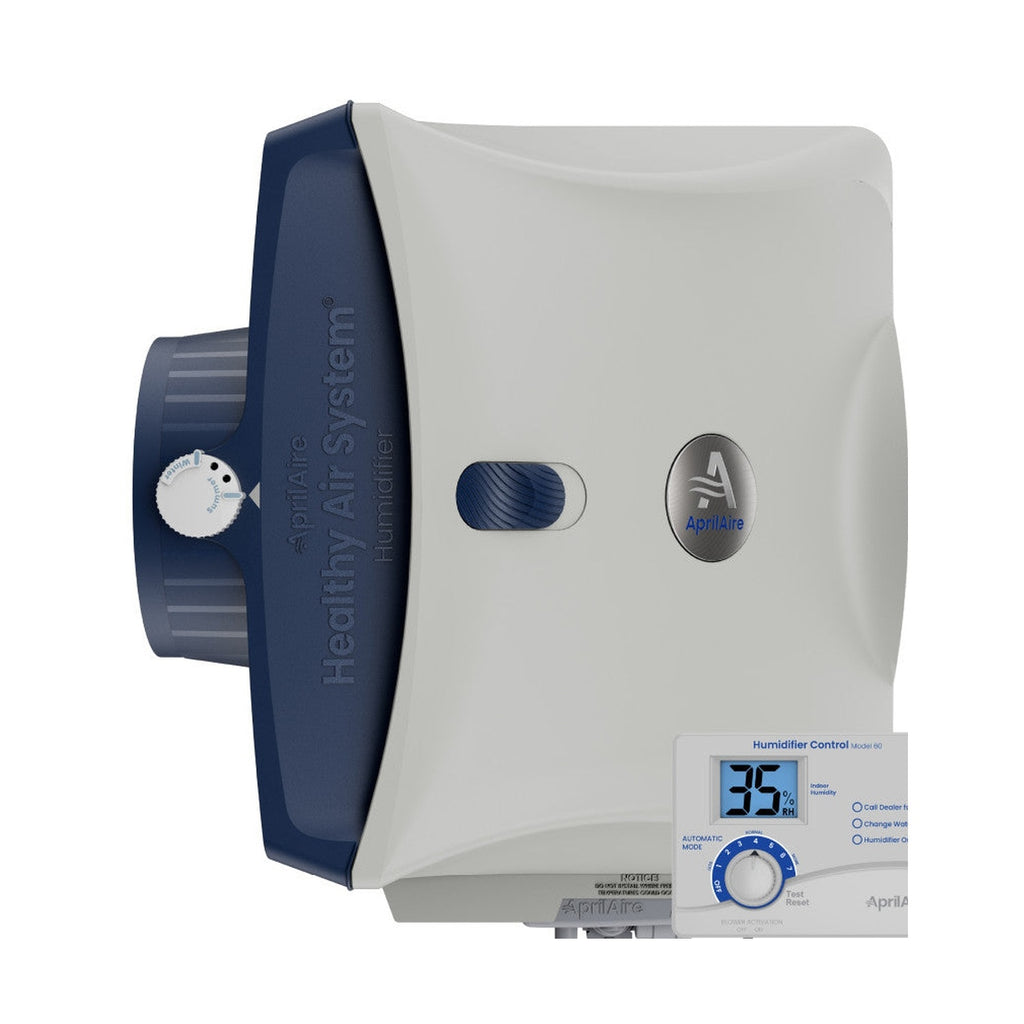 AprilAire 620A bypass humidifier unit with integrated bypass damper collar on pure white canvas