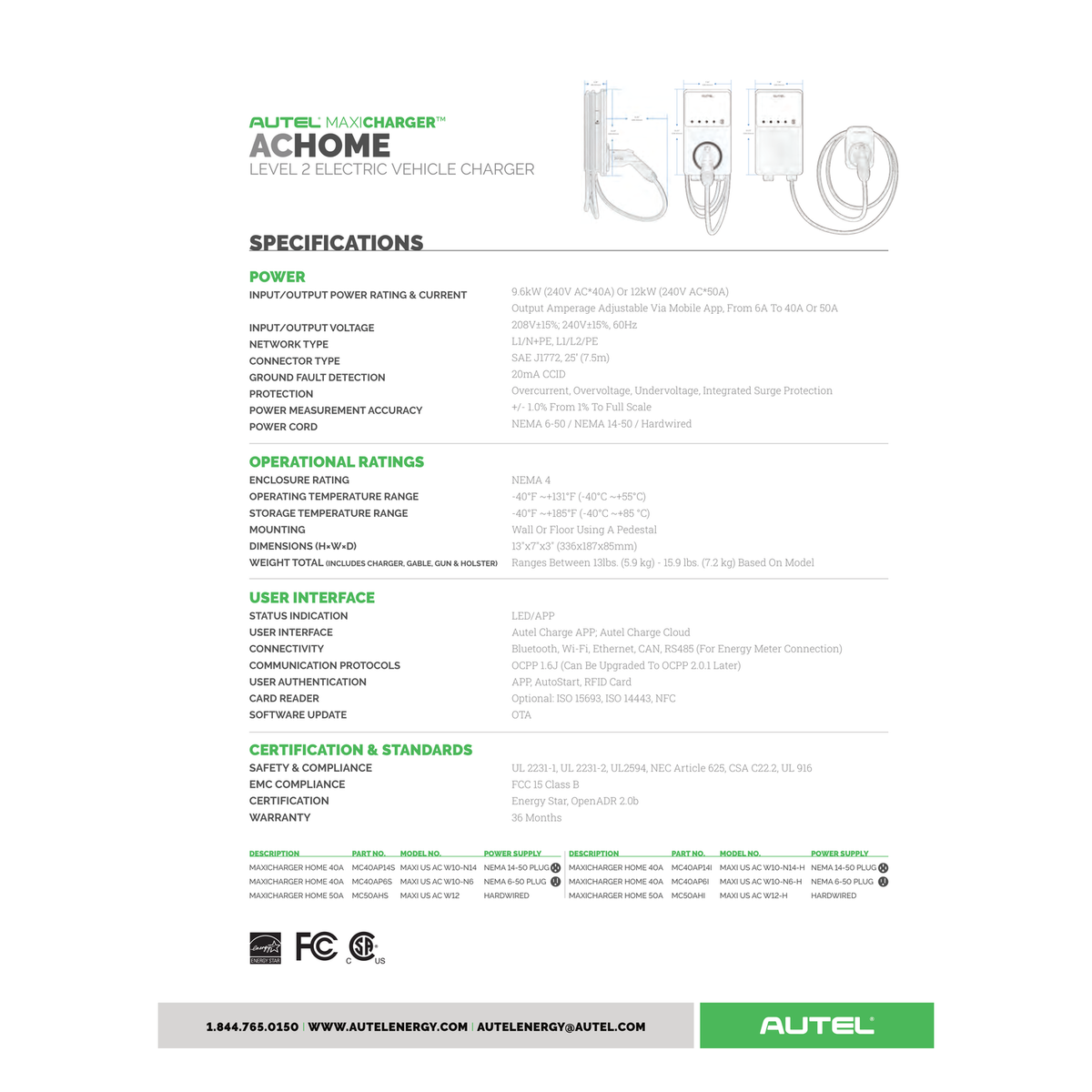 Autel MaxiCharger AC Home technical dimensions, charging output, and environmental ratings table