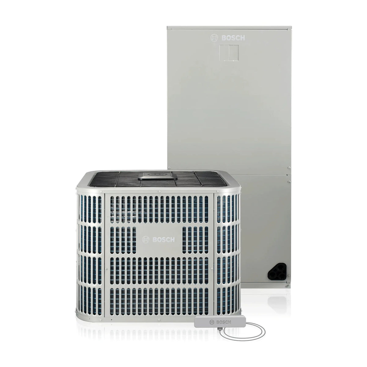 Bosch IDS Premium 20 SEER complete ducted heat pump system showing BOVA condensing unit and BVA air handler
