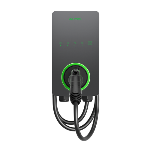 Autel MaxiCharger Level 2 residential EV charger with dark gray faceplate, holster, and 25-foot charging cable on clean white background
