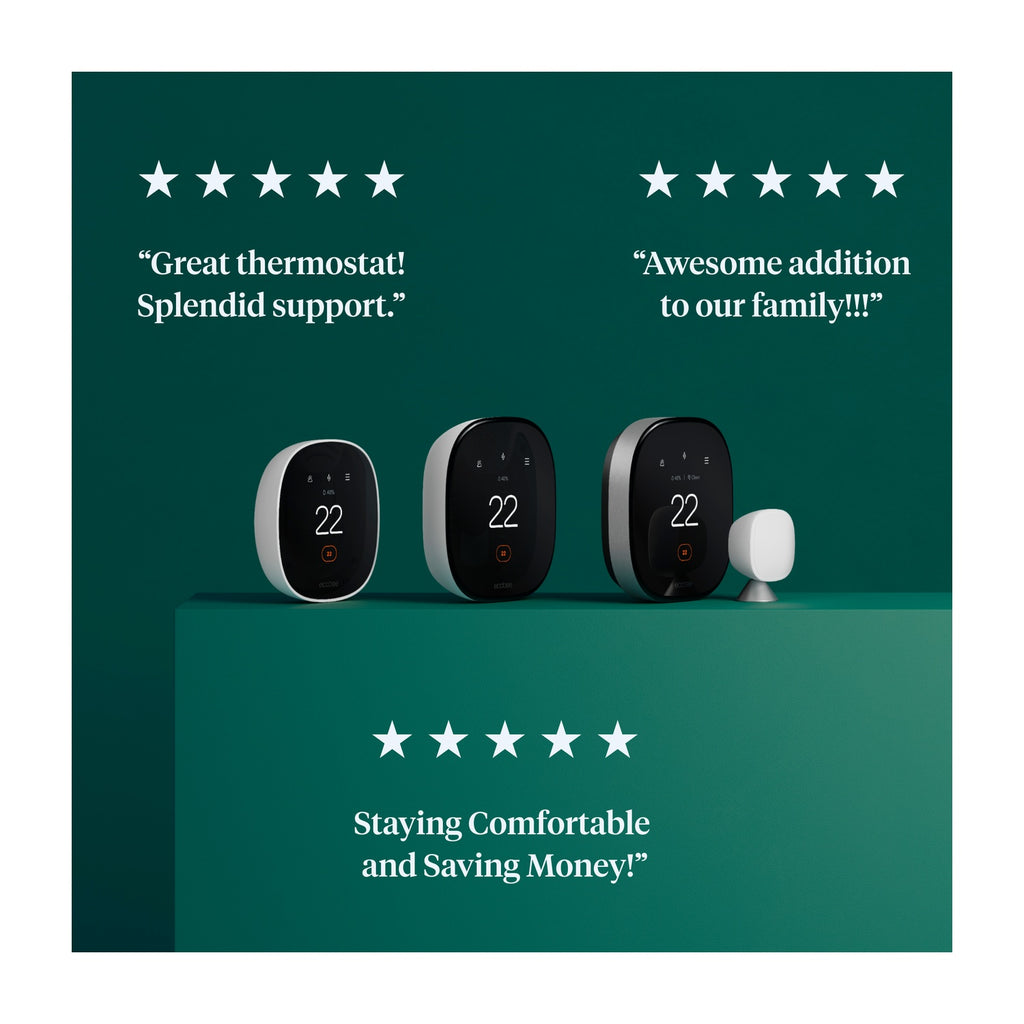 ecobee Smart Thermostat Essential 3/4 side angle perspective view on pure white canvas