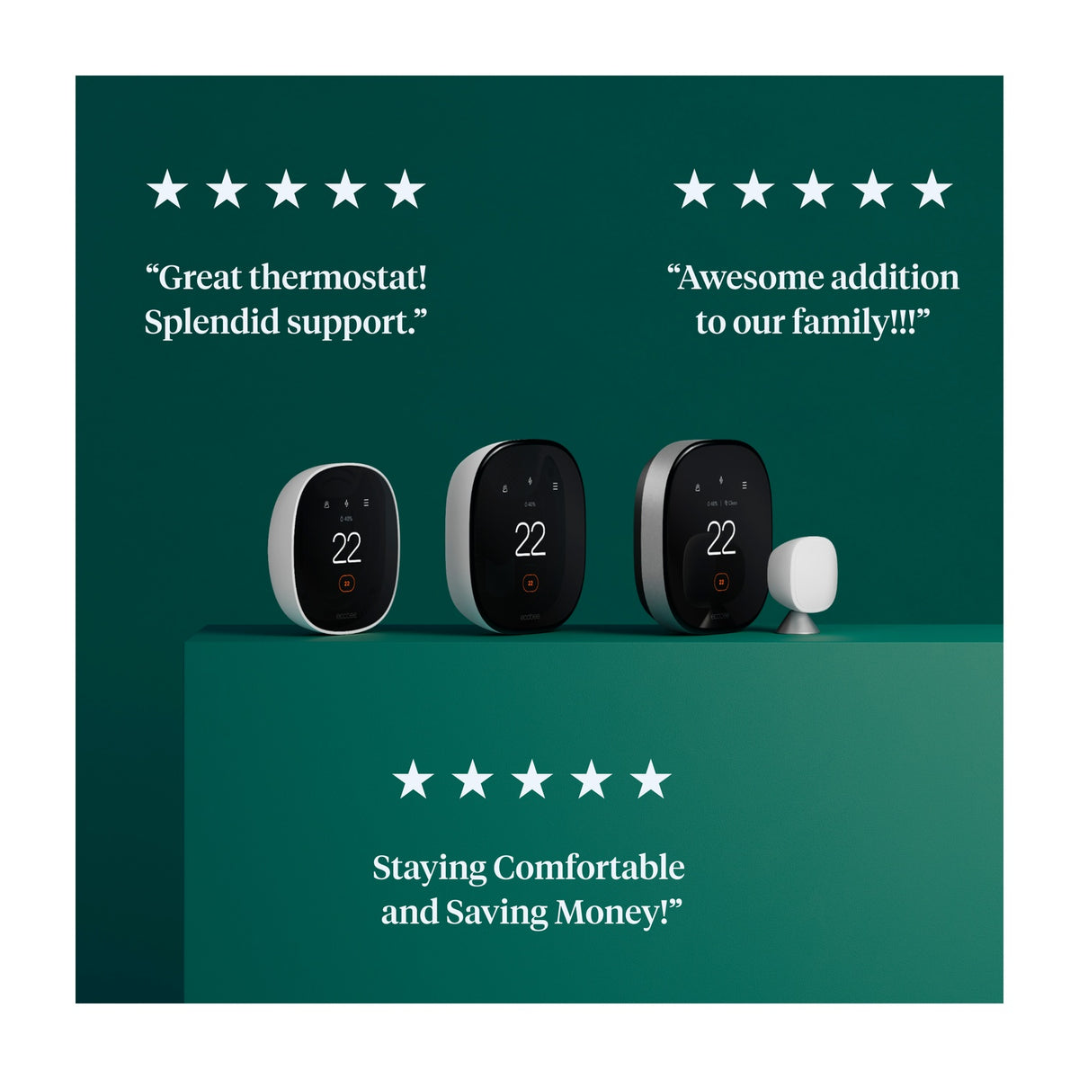 ecobee Smart Thermostat Essential 3/4 side angle perspective view on pure white canvas