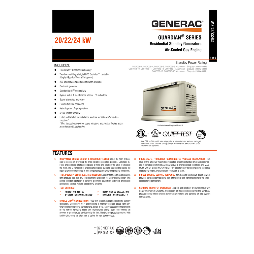 Generac Guardian 22kW Home Standby Generator official engineering specification sheet