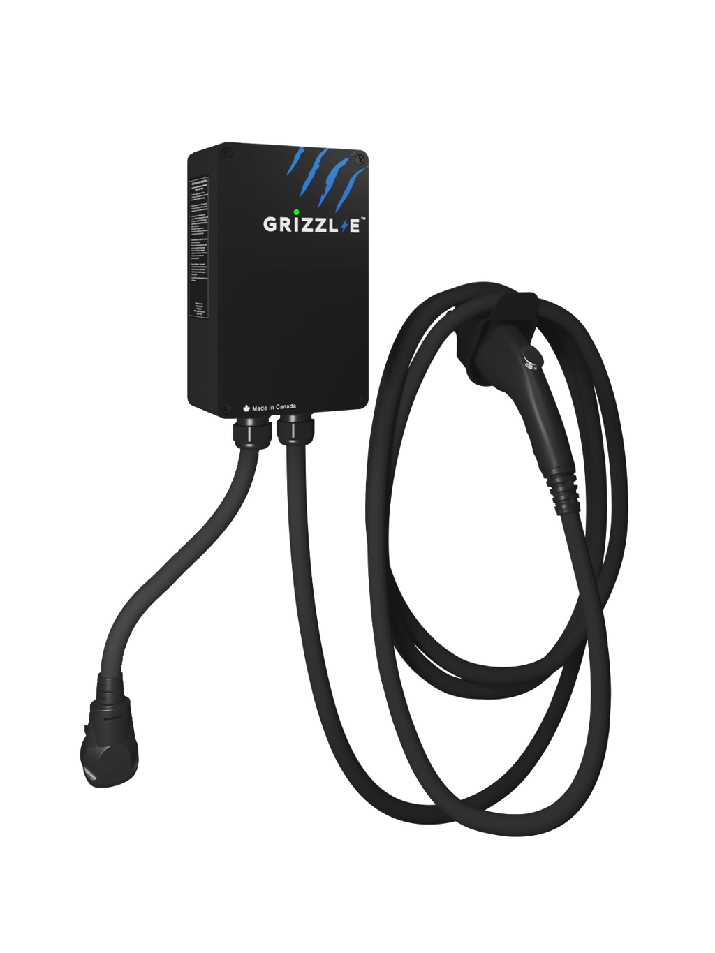 Grizzl-E Classic Connect 40A Level 2 EV charger, heavy-duty cast aluminum enclosure with coiled charging cable on transparent background