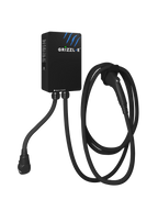 Grizzl-E Classic Connect 40A Level 2 EV charger, heavy-duty cast aluminum enclosure with coiled charging cable on transparent background