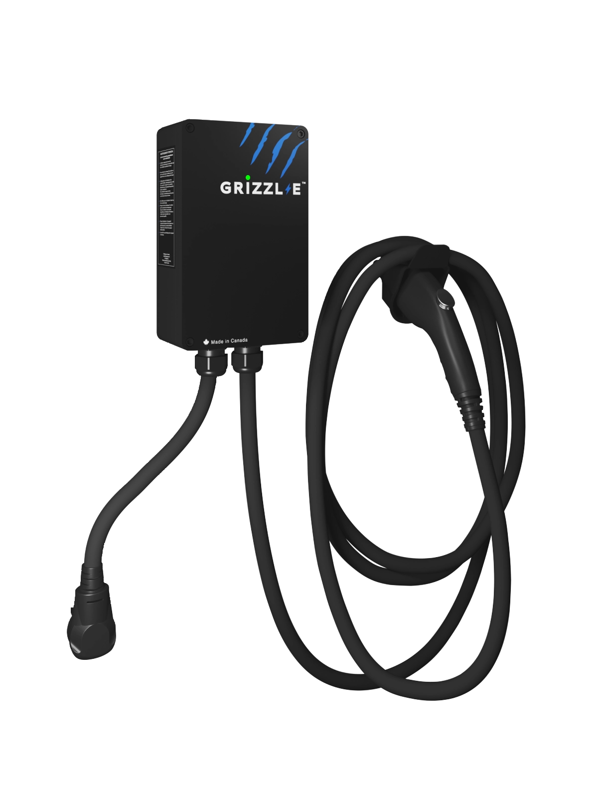 Grizzl-E Classic Connect 40A Level 2 EV charger, heavy-duty cast aluminum enclosure with coiled charging cable on transparent background
