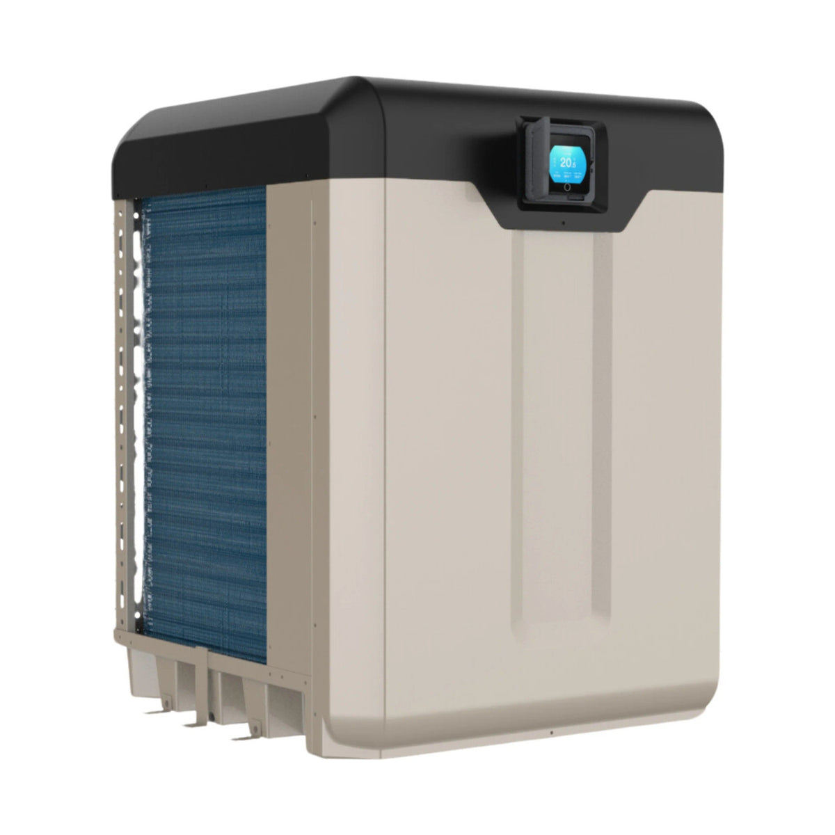 Hayward HeatPro VS HP140CLEE1 vertical top-discharge pool heat pump with touchscreen control on pure white background