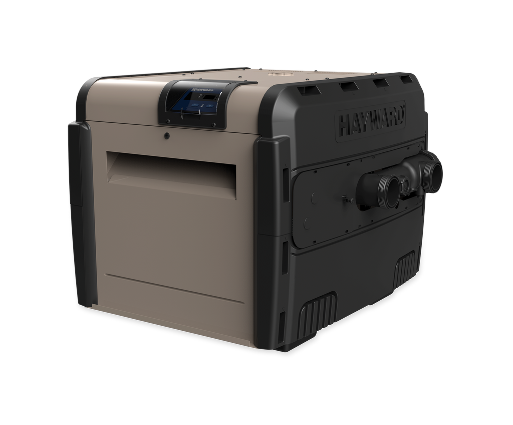 Hayward Universal H-Series low-NOx gas pool heater with cupronickel heat exchanger, digital control panel, and plumbing unions on transparent background