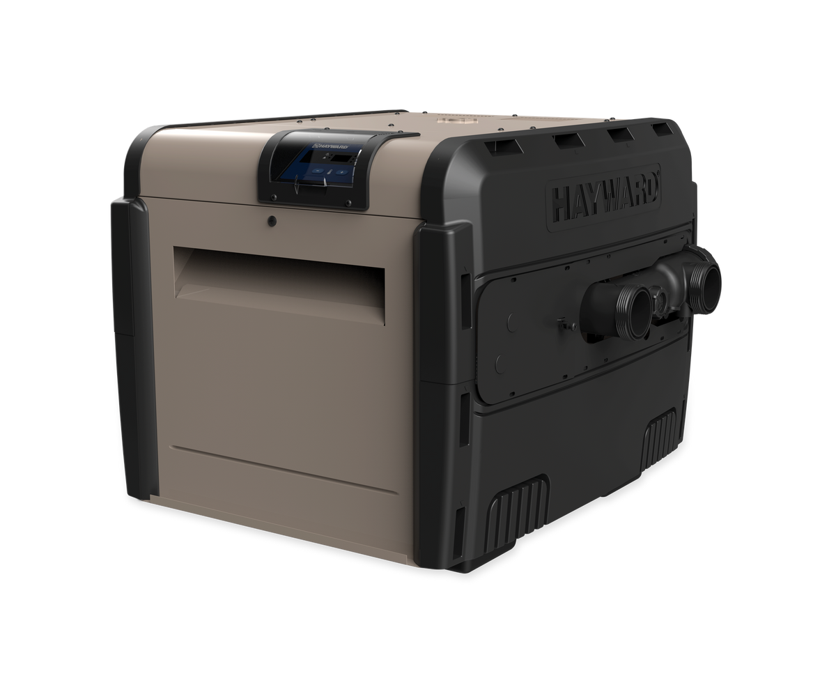 Hayward Universal H-Series low-NOx gas pool heater with cupronickel heat exchanger, digital control panel, and plumbing unions on transparent background