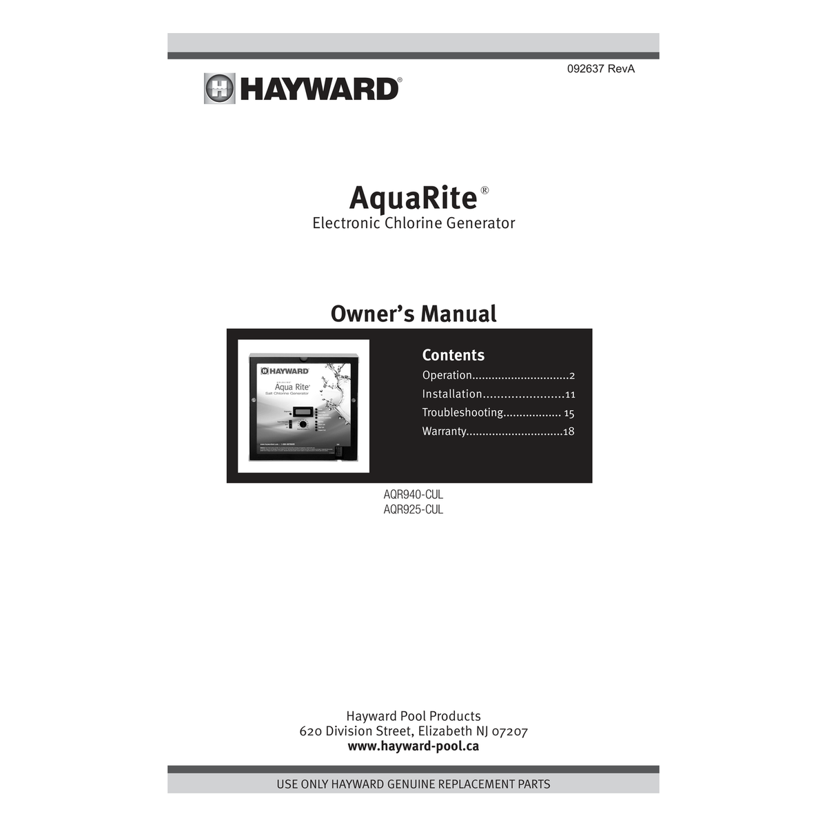 Hayward AquaRite 900 Salt Chlorination System official owner's manual cover