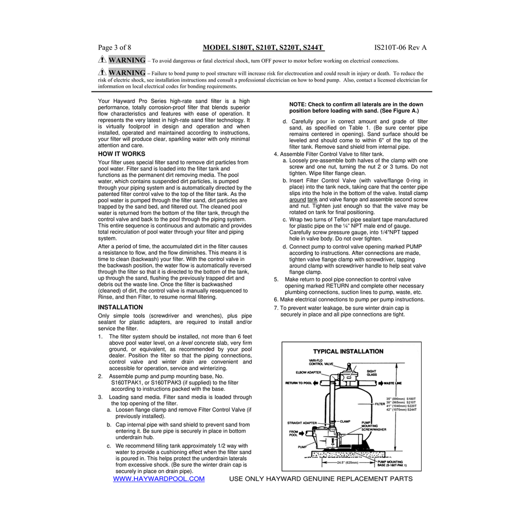 Hayward ProSeries Sand Filter technical specifications, pipe dimensions, and filtration area