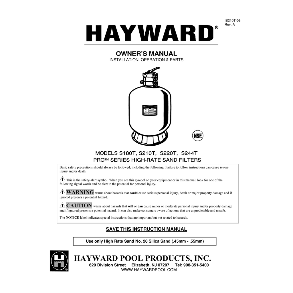 Hayward ProSeries Top-Mount Sand Filter official installation and operations manual