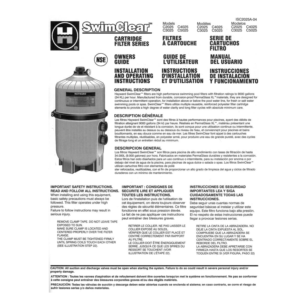 Hayward SwimClear Multi-Element Cartridge Filter official owner's manual cover