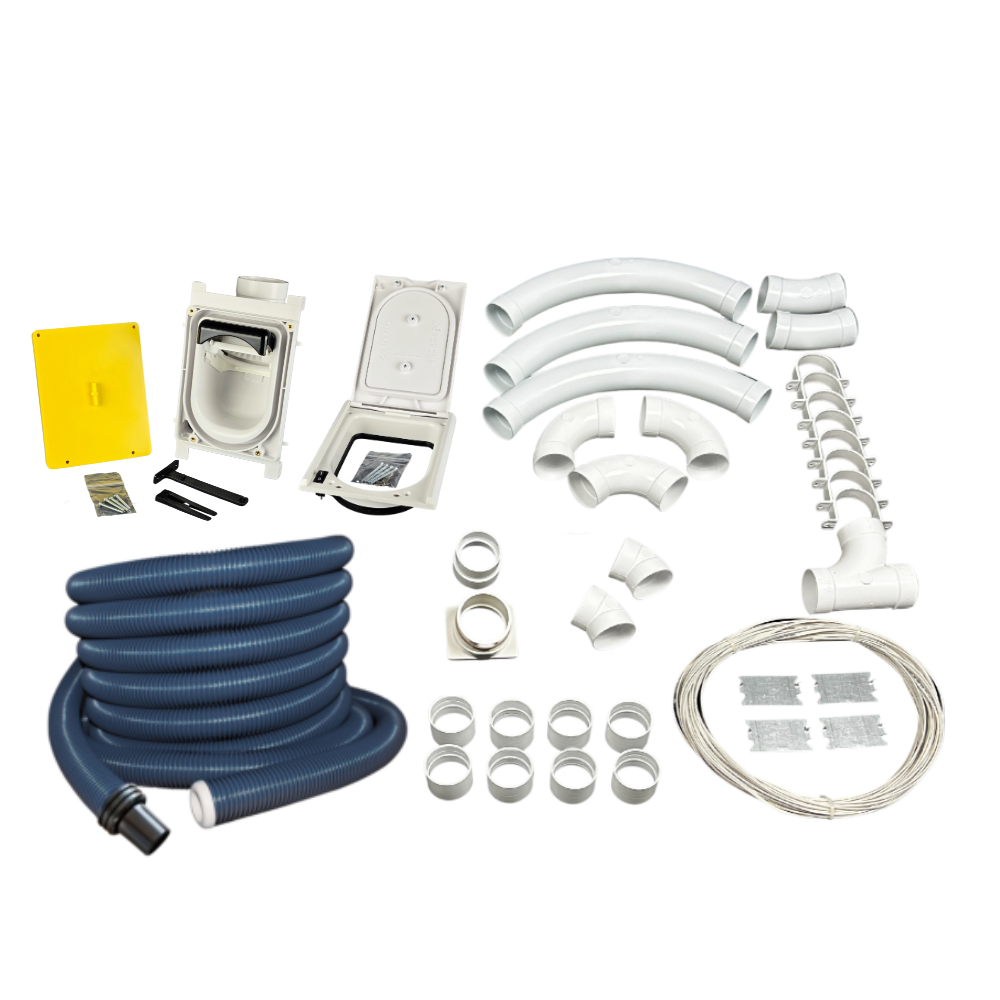 Hide-A-Hose 6000 PRO DIY kit including 50 ft RapidFlex retractable hose, rough-in valve, white trim door, sweep elbows, pipe fittings and low-voltage wire on clean white background
