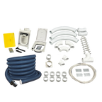Hide-A-Hose 6000 PRO DIY kit including 50 ft RapidFlex retractable hose, rough-in valve, white trim door, sweep elbows, pipe fittings and low-voltage wire on clean white background