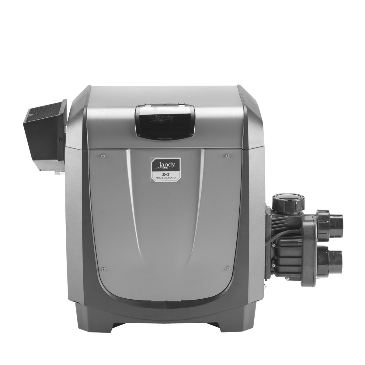 Jandy JXi ultra-compact low-NOx gas pool heater with copper heat exchanger, digital control panel, and VersaFlo integrated bypass on clean transparent background