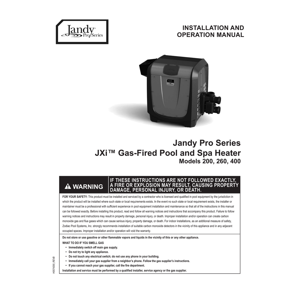 Jandy JXi Low-NOx Gas Pool & Spa Heater official installation manual cover and ultra-compact features
