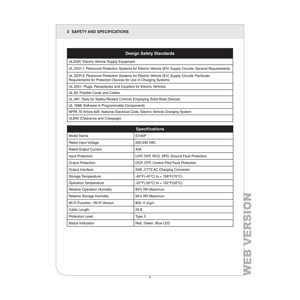 Leviton EV40P Level 2 EV Charger safety standards, electrical ratings, and technical specifications