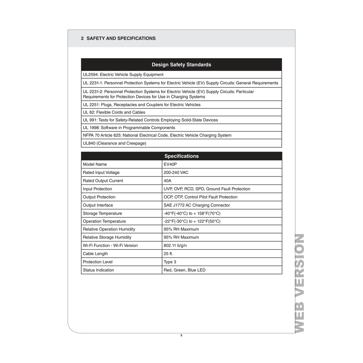 Leviton EV40P Level 2 EV Charger safety standards, electrical ratings, and technical specifications