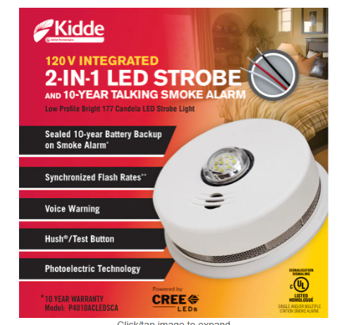 Kidde 120V Integrated 2-in-1 LED Strobe and 10-Year Talking Smoke Alarm packaging and features (Model P4010ACLEDSCA)