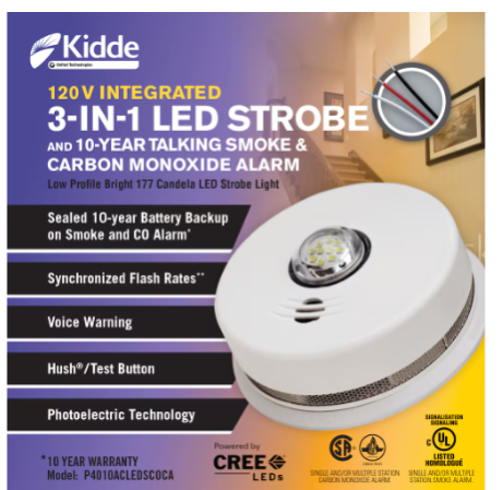 Kidde 120V Integrated 3-in-1 LED Strobe and 10-Year Talking Smoke & Carbon Monoxide Alarm packaging and features (Model P4010ACLEDSCOCA)