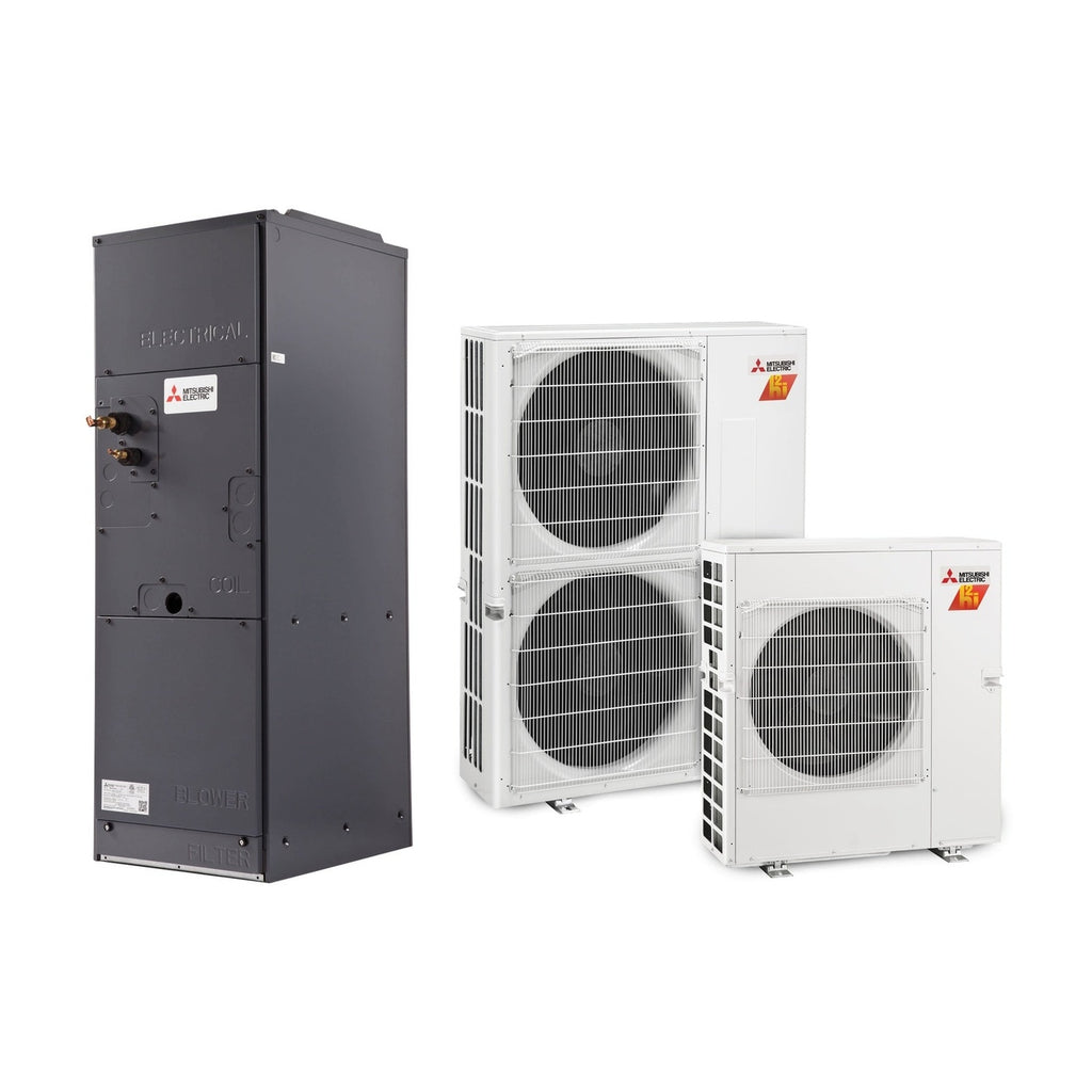Mitsubishi Zuba Central Hyper-Heat ducted cold-climate heat pump system showing outdoor PUZ unit and indoor PVA air handler