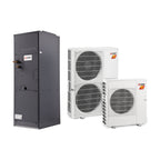Mitsubishi Zuba Central Hyper-Heat ducted cold-climate heat pump system showing outdoor PUZ unit and indoor PVA air handler