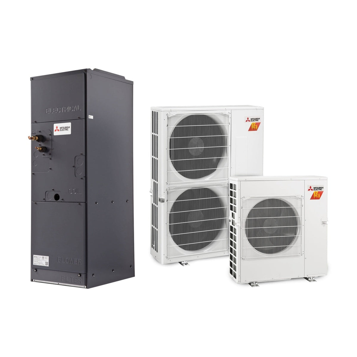 Mitsubishi Zuba Central Hyper-Heat ducted cold-climate heat pump system showing outdoor PUZ unit and indoor PVA air handler