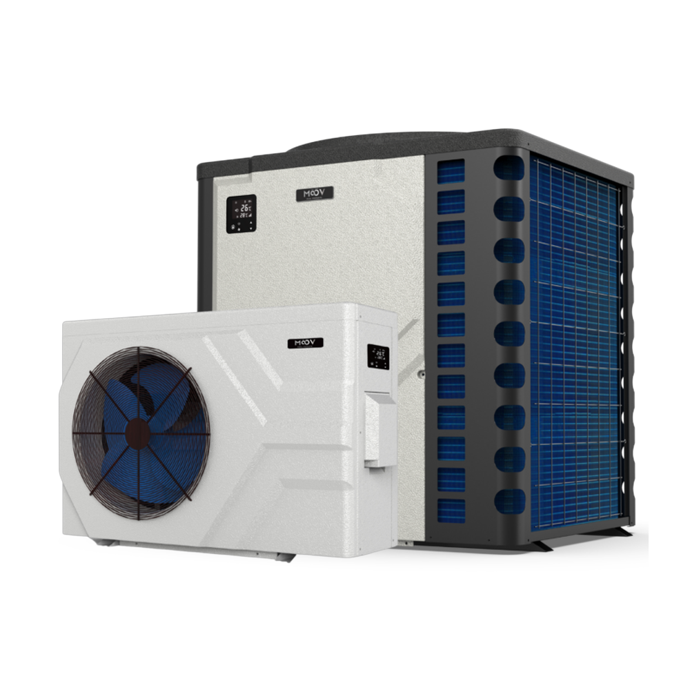 Moov Inverter variable-speed pool heat pump lineup featuring side-discharge compact and top-discharge high-capacity units on clean transparent background