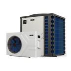 Moov Inverter variable-speed pool heat pump lineup featuring side-discharge compact and top-discharge high-capacity units on clean transparent background